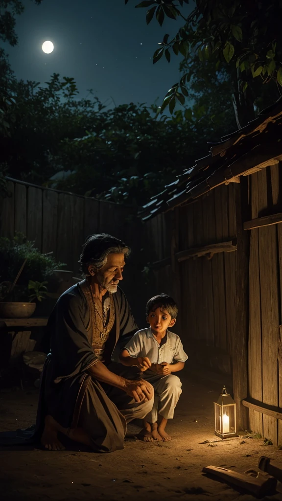Introduction to the LegendA night scene, the sound of crickets echoing softly. The camera moves slowly through a peaceful, moonlit backyard. A soft voice narrates the legend of Velho do Saco, as the camera focuses on an old photograph of a grandmother and her grandson, conveying a feeling of comfort and innocence.