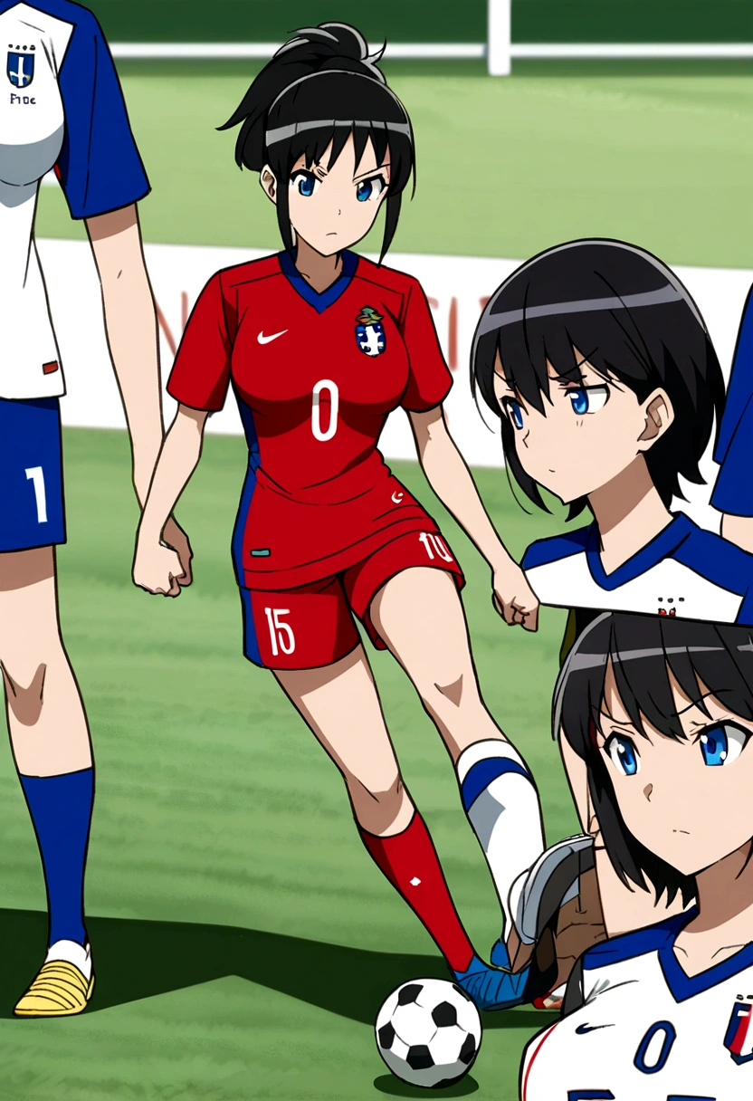 ((anime)),((2D)),Women,soccer player,clear skin,thin face ,blue eyes,black hair,long,fringe,standard height,collected in a queue,big breasts,small waist,long legs,France national team uniform,In a soccer field,kicking the ball.