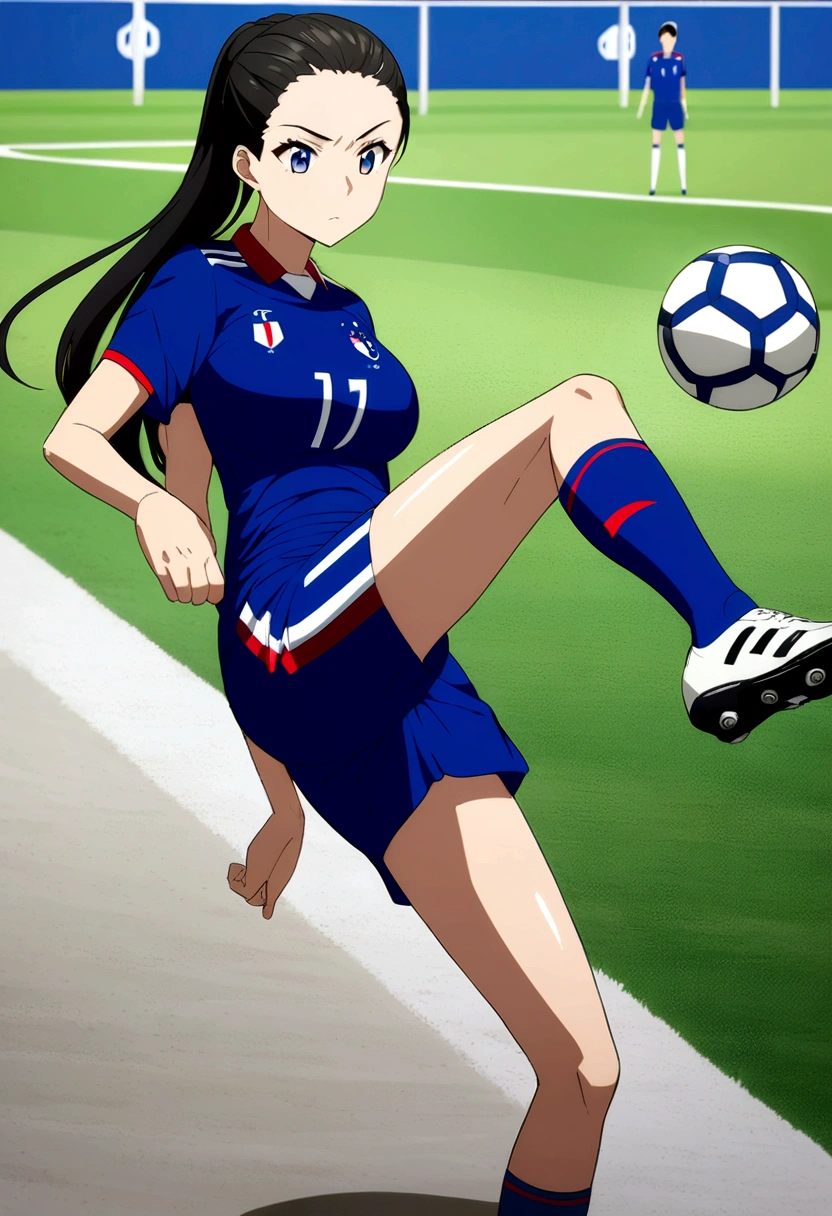 ((anime)),((2D)),Women,soccer player,clear skin,thin face ,blue eyes,black hair,long,fringe,standard height,collected in a queue,big breasts,small waist,long legs,France national team uniform,In a soccer field,kicking the ball.