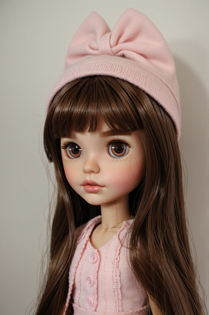 I create a blythe doll with the following characteristics:Brown hair,Brown eyes,pink lips, medium nose,wide