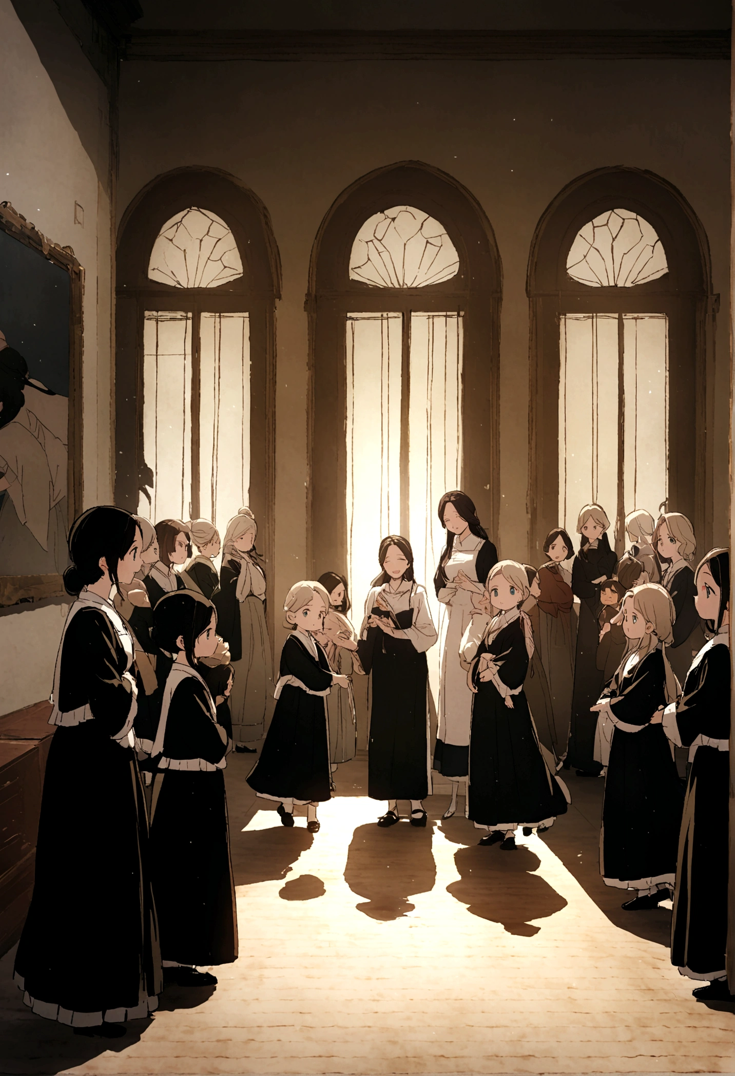 a family consisting of six members (mother, Baba, three daughters and a son), In a mansion, together in the room, 8K,アニメ, best qualityer