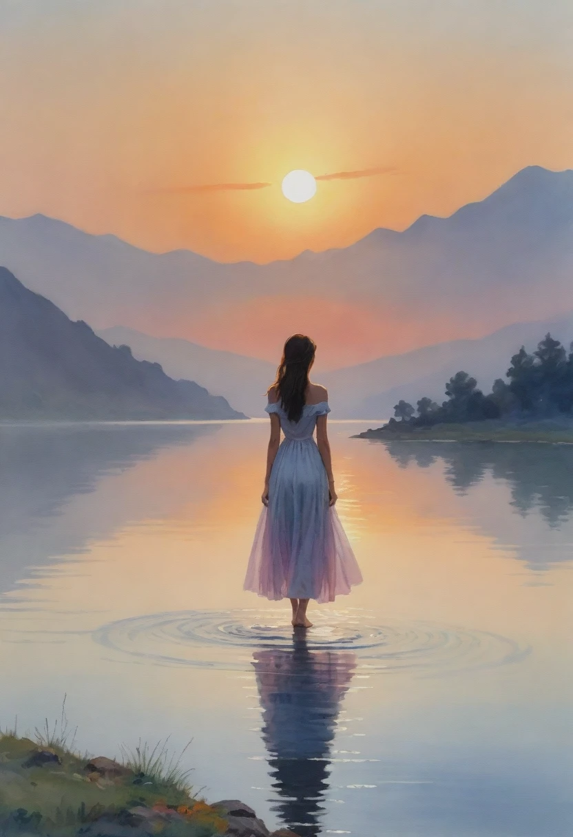 ((Stunning Impressionistic watercolour painting)), ((Epic masterpiece of Monet)), ((highest quality, Highest image quality, High resolution, 8K)), in focus A silhouette of a beautiful seductive Girl posing near a lake at fantastic sunset, with mountains in the background and calm waters reflecting lucient hues.