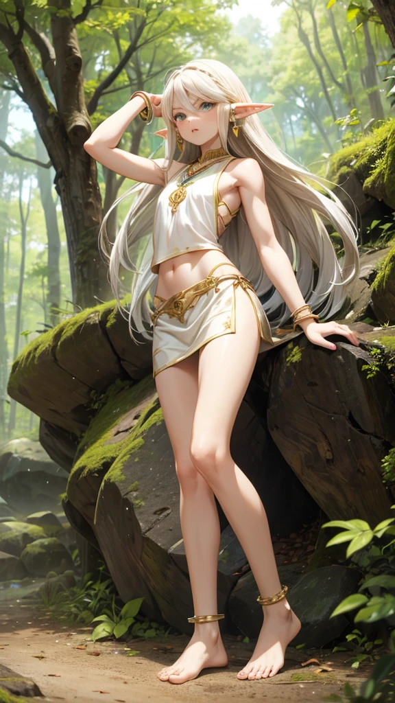White long hair, pointed ears, flat chest，earrings，Female elves，Sleeveless mini dress，cleavage，Bare arms，Bare Legs，barefoot，Bracelet，anklet，Boulders，woods