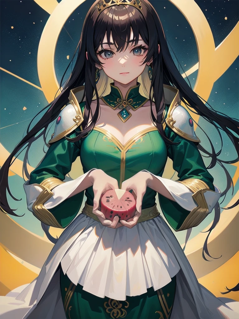 Close-up of woman in green dress with watermelon, Thai girl anime, beautiful anime girl, beautiful anime woman, beautiful avatar, Fantasy art style, beautiful anime womanมีเสน่ห์, Beautiful digital artwork, beautiful Asian girl, Attractive anime girl, Chinese girl, Asian girl, Cute detailed digital art., Beautiful Fantasy Empress, beautiful anime style