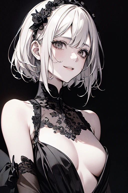 masterpiece、8K、Highest quality, (Background details), High Contrast, Very beautiful girl, Detailed original illustration、Small breasts、、Bobcut、Detailed shading、functional、Delicate face、Charm、Villainess、sexy、Real breasts、Crazy Smile, Crazy Eyes,、(Head close-up), Black background, (Black background: 1.5), Beautiful line art、Monochrome