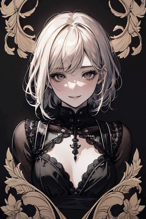 masterpiece、8K、Highest quality, (Background details), High Contrast, Very beautiful girl, Detailed original illustration、Small breasts、、Bobcut、Detailed shading、functional、Delicate face、Charm、Villainess、sexy、Real breasts、Crazy Smile, Crazy Eyes,、(Head close-up), Black background, (Black background: 1.5), Beautiful line art、Monochrome