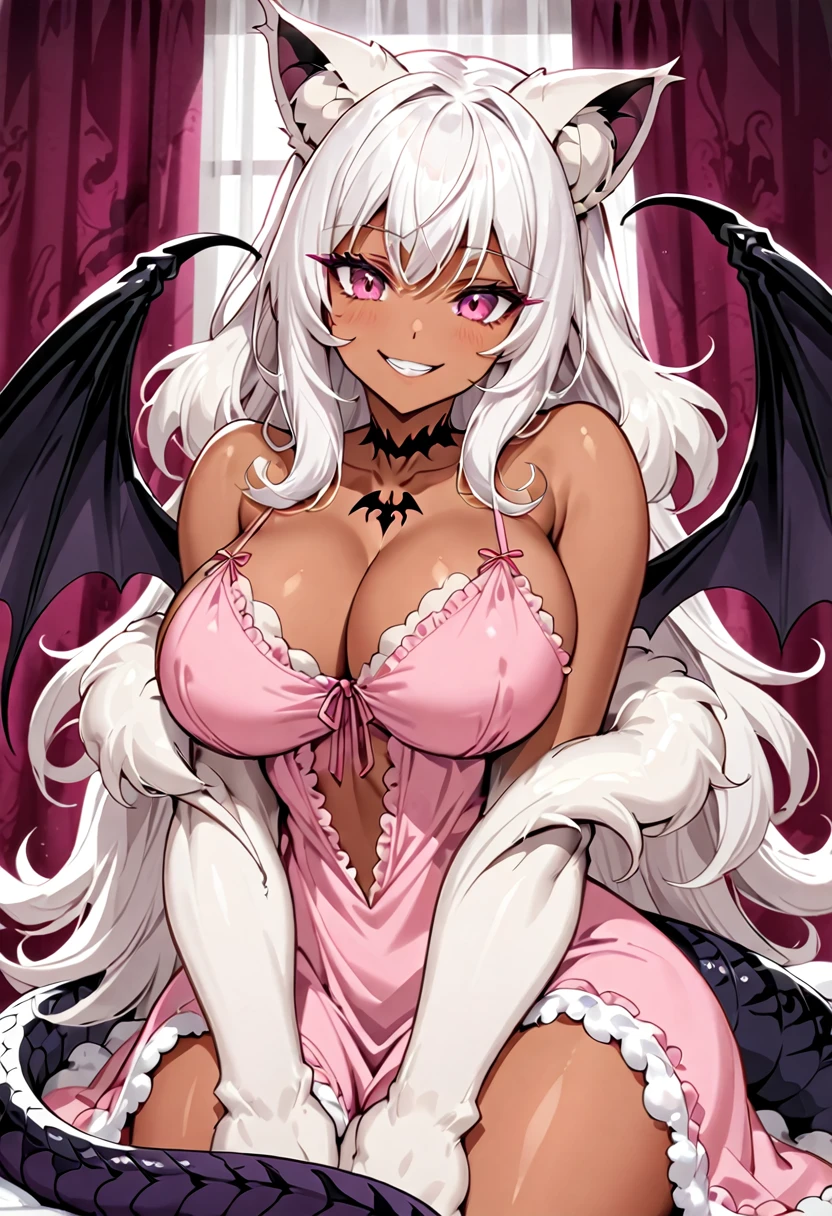 Solo, female, cat ears, long white hair, deep dark pink eyes, huge woman, tall, broad shoulders, large breasts, bedroom, white furry claws, (furry arms), pink negligee, smile, tan skin, white and brown fur, close up, huge bat wings, ((scorpion tail)), shy smile, paws, massive furry forearms, fluffy fur collar