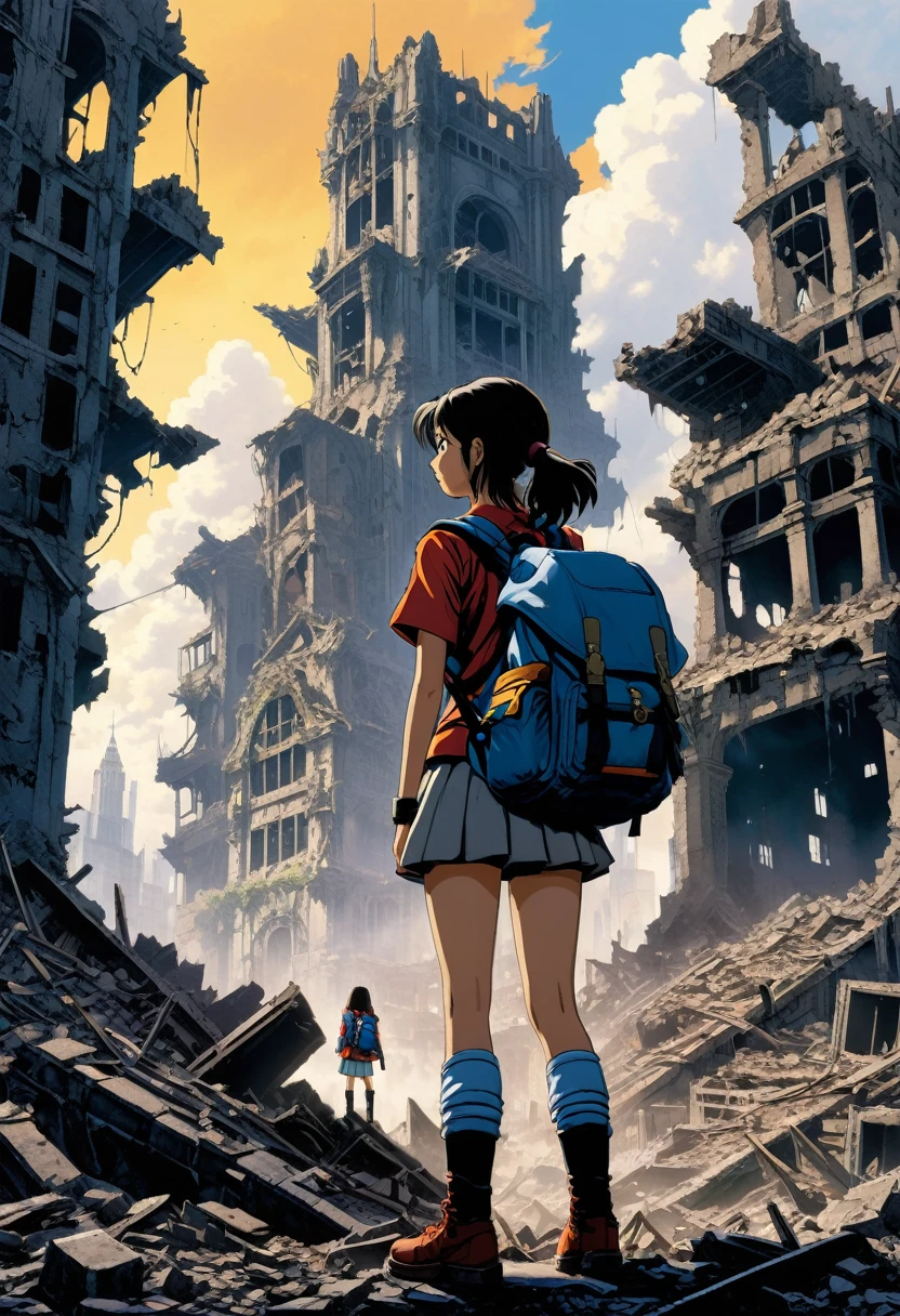 "A high school girl stands in a ruined city, drawn in the style of Akira Toriyama. She is wearing her , carrying a large backpack, and looking bravely towards the future."