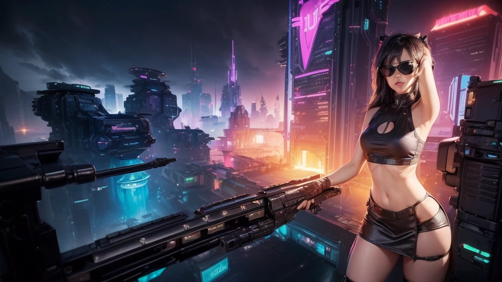 (((aerial view))) of futuristic city, hologram neon buildings, (((futuristic flying cars))) and futuristic cars, Surreal cyberpunk city, in a Future cyberpunk city, 3d rendering Beeple, at night. large-breast photorealistic sexy woman, breast cleavage, perfect face, tank top, miniskirt, (((((black sunglasses, pistol shooting pose))))), standing, leaning forward, (((((half-body thigh level medium shot))))).