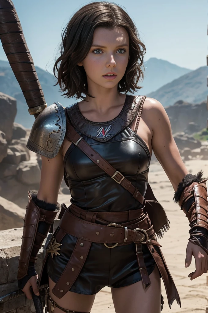 Millie Bobby Brown, Lithe brunette knight woman, defined muscles, short wavy hair, barbarian queen