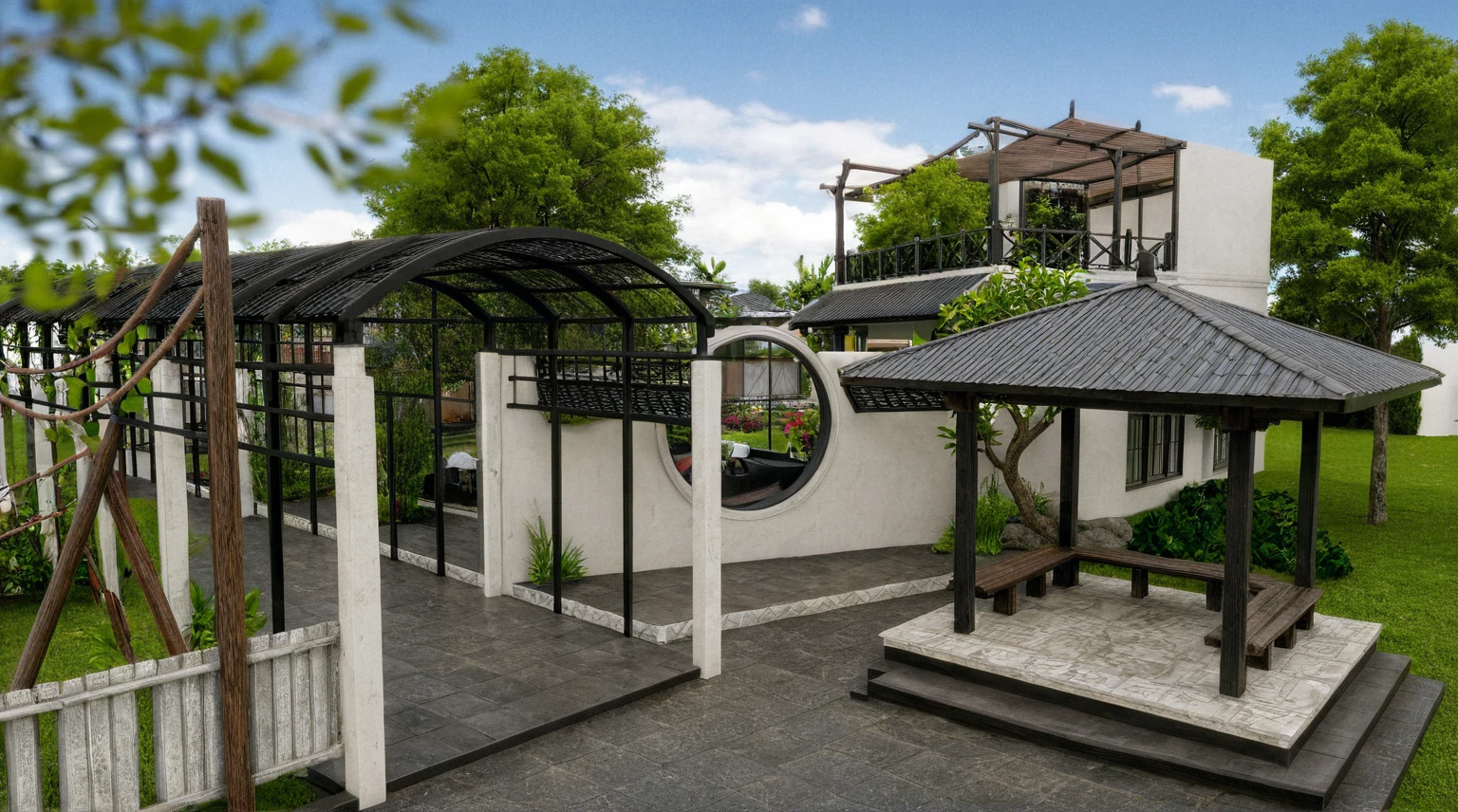 Raw photo,Masterpiece, high quality, best quality, authentic, super detail,
exterior, outdoors, house style indochine on the street ,aiaigroup
road,pavement, grass, trees, sky, cloud, (day:1.1)