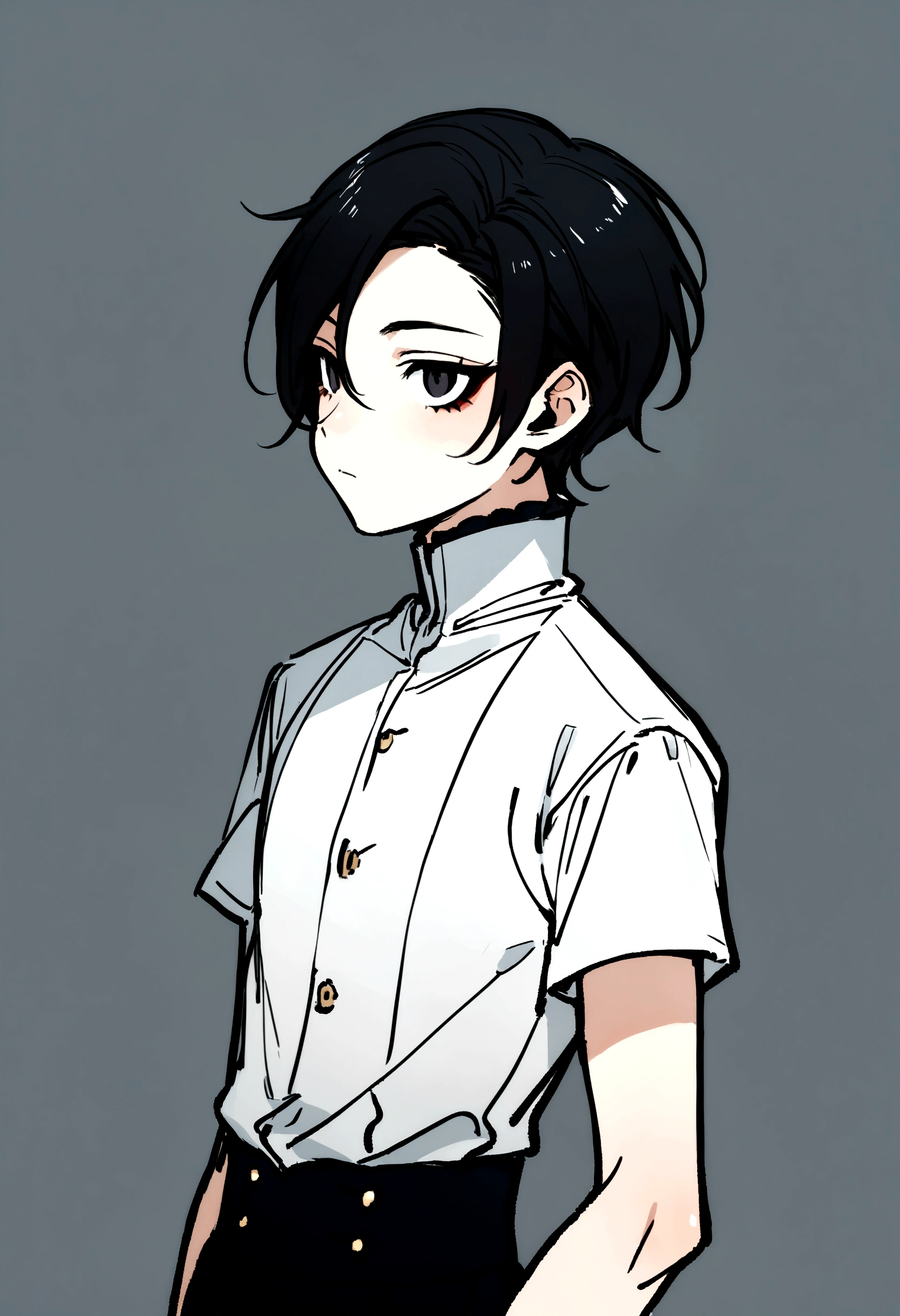 Femboy with slightly long black hair, a white shirt with short sleeves, a short. black eyes and eyeliner. He is a boy with a thin waist and a feminine face.