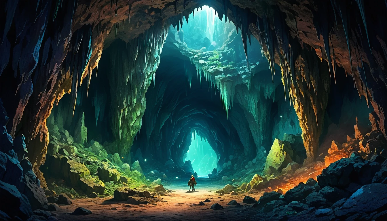 (anime, fantasy, cave), (best quality, high resolution, depth of filed, HDR:1.2),vibrant colors, mysterious atmosphere, cave, stalagmite, stalactite, goblin liar, dirty cave, small tunnel, isolated tunnel, dark tunnel: 1.5