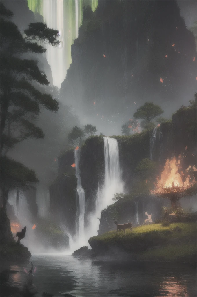 masterpiece, 最high quality, high quality, CG, 8K, scenery, night, null, cloud, no one〜do not have ,Lush forest, Beautiful waterfall, rainbow, Fantasy Images, fire Fly, moonlight, Aurora, wood, black snake on wood, A flock of apples, mousse, Albino deer, White Rabbit,