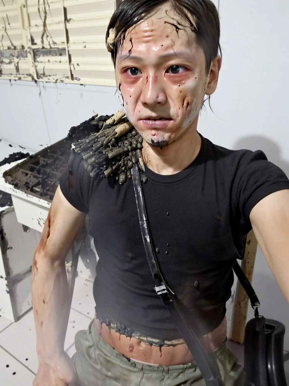 An explosion occurred during the experiment.、The boy was covered in soot.。