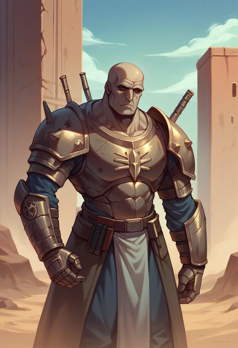 statue man 3.66 cm, strong, with Fallout-style armor, in a desert 