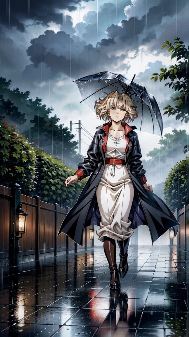 A realistic illustration of a woman hurrying home in the middle of a typhoon. The scene shows the woman wearing a raincoat and holding an umbrella, struggling against strong winds and heavy rain. The background includes stormy skies, swaying trees, and waterlogged streets, capturing the intensity of the typhoon. 