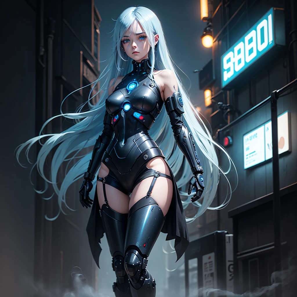 Girl Android mechanical prosthetics sad emotion gloomy with long blue hair woman with sexy hips half cyborg prosthetic arms and legs Beautiful sad girl blue eyes standing full length Anime Style black background image night smoke and fog in the background