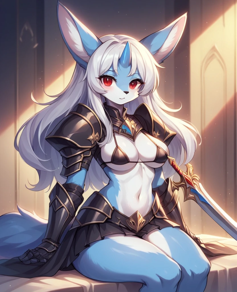 ((masterpiece)), (Highest quality))), 1人のgirl,(Big animal ears,White and blue fur:1.5,), whole body, Silver Hair, eyes hair, Beautiful red eyes,A single blue horn on his forehead, Princess Cut, Red and black gorgeous armor dress,Short skirt,Shyness, woman, girl,Sitting,BLACK and red Micro Bikini, furry girl,アルミサージのgirl, ( masterpiece:1.2), (Highest quality:1.3),Character portrait,Possession of a sword,