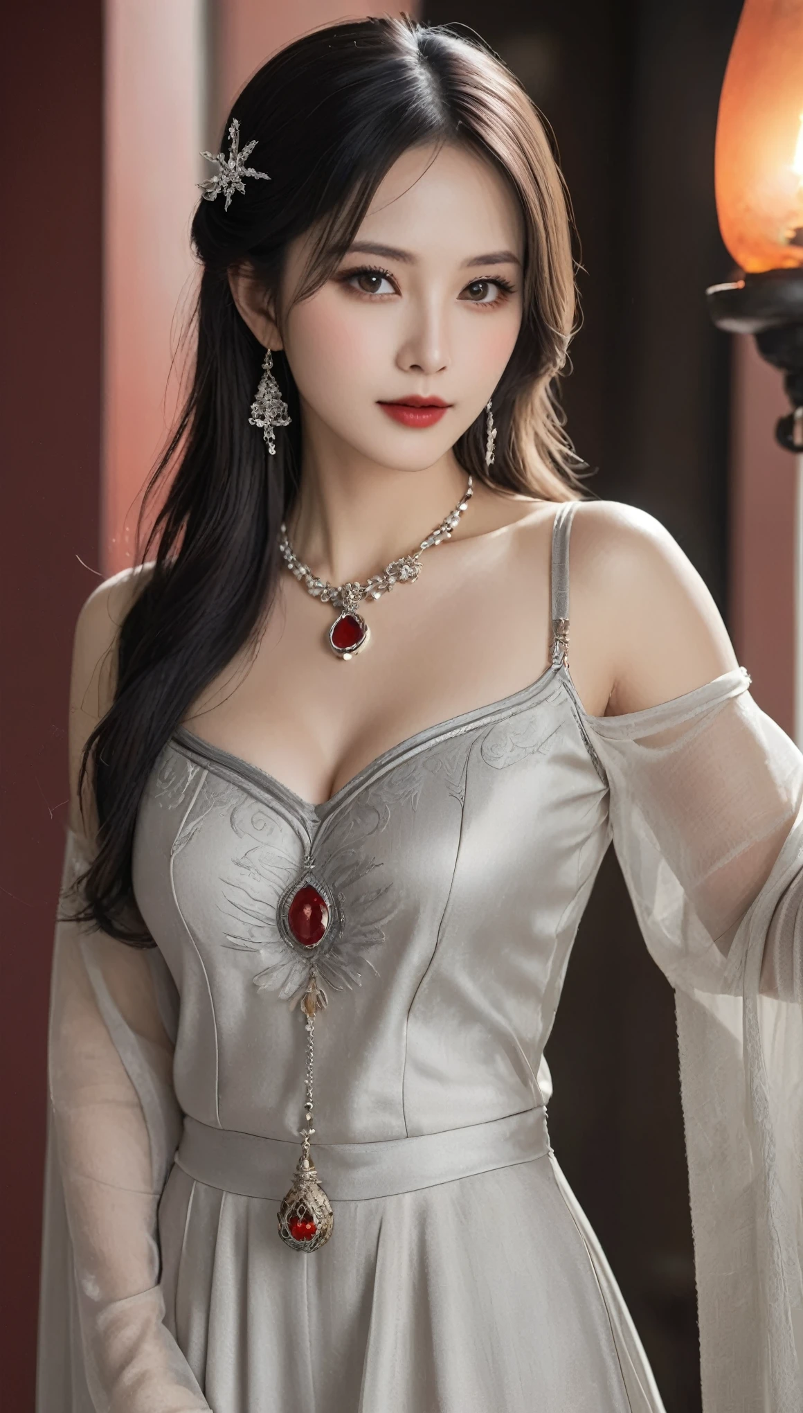 (((Sexy Woman)))、((Very beautiful 30 year old white woman))、(((Big big cleavage)))、witch、ブロンドのMature witch、Plump figure、smile、Middle-aged beauty 、Very delicate and delicate skin texture、Mature witch、{(Ancient ornate and luxurious temple)、(Many torches are burning)}、Red lips、Beautiful scarlet eyes、(((Gorgeous and glamorous silver outfit and luxurious accessories)))、I have a shiny platinum wand、