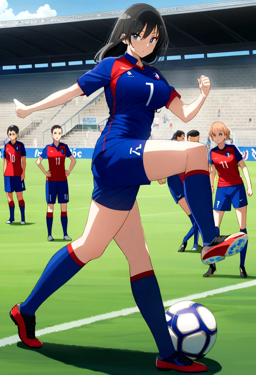 ((anime)),((2D)),Women,soccer player,clear skin,thin face ,blue eyes,black hair,long,fringe,standard height,collected in a queue,big breasts,small waist,long legs,France national team uniform,In a soccer field,kicking the ball.