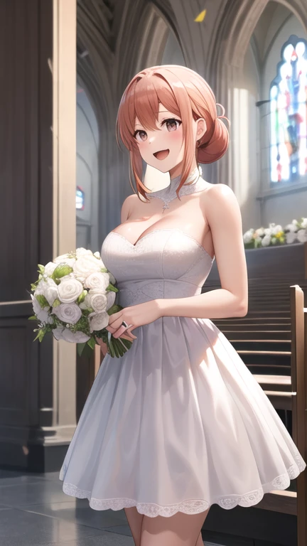 masterpiece, best quality, highres, gahamama, single hair bun, breasts, white dress, wedding dress, cleavage, strapless, church, holding bouquet, standing, cowboy shot, (confetti:1.1), smile, open mouth,