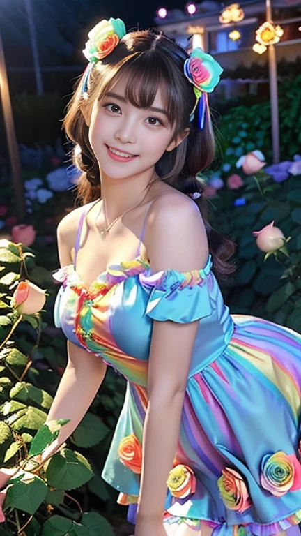 8K, (Ultra HD:1.2), (masterpiece:1.5), 1 Girl, 16 years old,High school student cosplay,Cute face, very beautiful twin tails, fine grain, Small Bust, Baby Doll Costume, (Rainbow color dress costume:1.4), (Retro Filter:1.4), (Fantasy:1.4), (Standing in front of a merry-go-round at night, Under the light:1.5), Airy fluffy soft landscape background, Ultra-realistic, Ultra-high quality cinema lighting, More information, Full HD, Perfect body,smile,150cm,skinny,View your audience,
