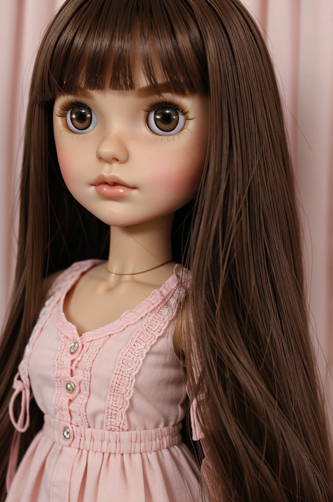 I create a blythe doll with the following characteristics:Brown hair,Brown eyes,pink lips, medium nose,long hair with curtain fringe