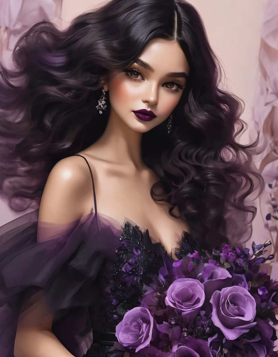 Beautiful girl with shoulder length black wavy hair, wine lipstick, brown eyes, wine tulle dress above the knee with a violet bouquet in her hands