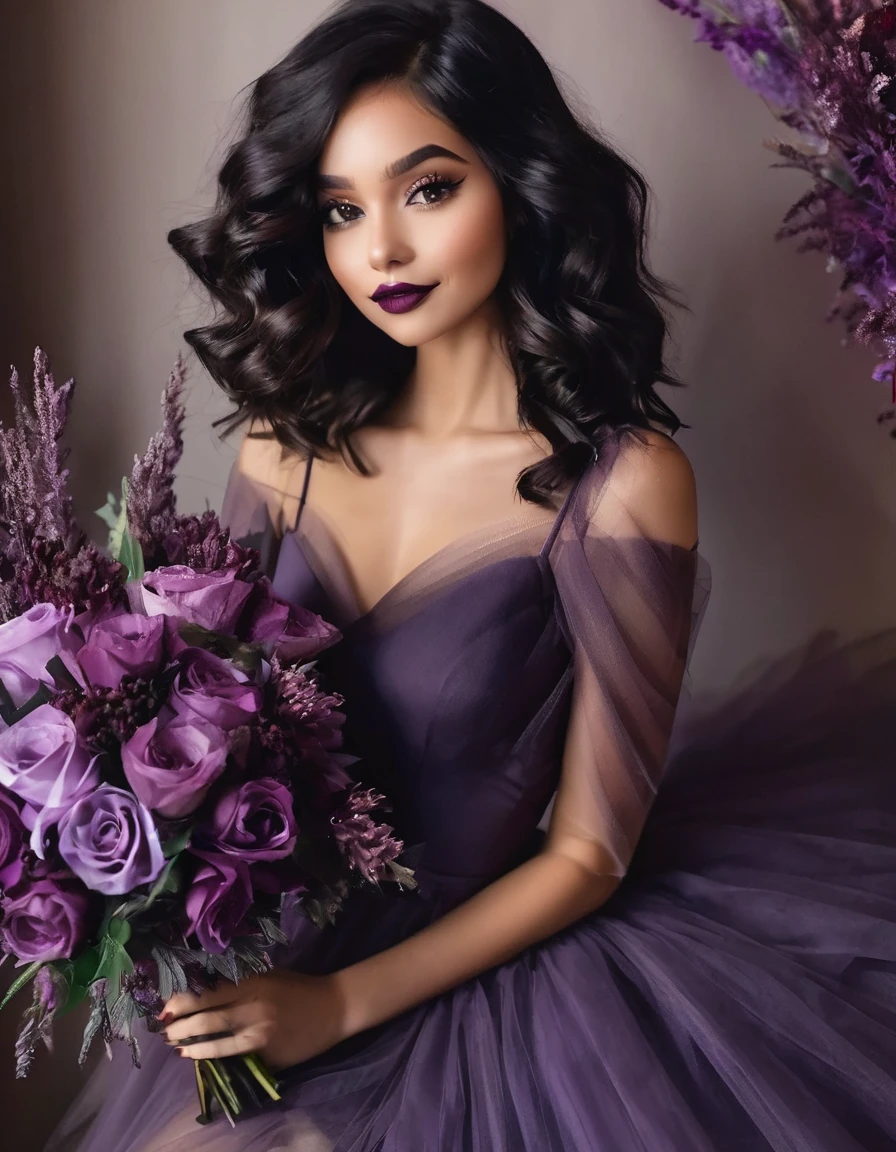 Beautiful girl with shoulder length black wavy hair, wine lipstick, brown eyes, wine tulle dress above the knee with a violet bouquet in her hands