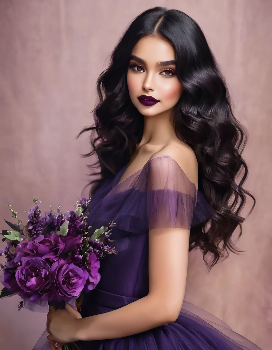 Beautiful girl with shoulder length black wavy hair, wine lipstick, brown eyes, wine tulle dress above the knee with a violet bouquet in her hands