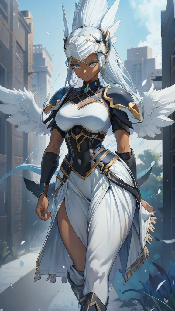 Anime, 1 winged black-skinned girl, Ebony skinned, mega ponytail hairstyle, pure white hair, Sea BLUE eyes, medium bust, valkyrie's winged helmet, white valkyrie's armor, pit black Long large skirt, white gauntlets, white Boots, Ebony skin, serious face, large wings, action pose, extremely Large wings