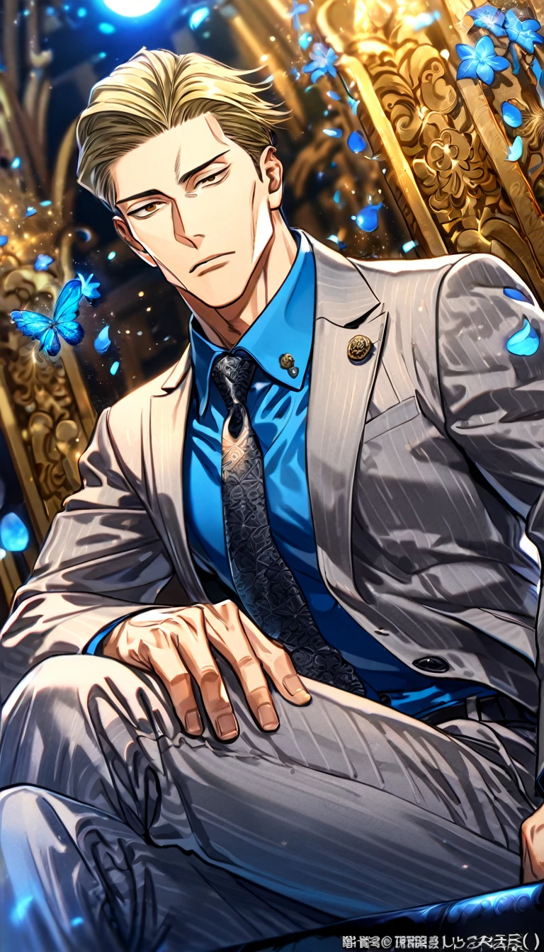 Ultra detailed, highres, absurdres, HDR, master piece, Nanami Kento, blond hair, expressive brown eyes, Jujutsu Kaisen, blue petals, blue shirt, sexy man, solo, best quality, blue flowers, blue shining fireflies, fantasy, magical, handsome, blue moon, gray jacket, necktie with black patterns, grey pants, sitting