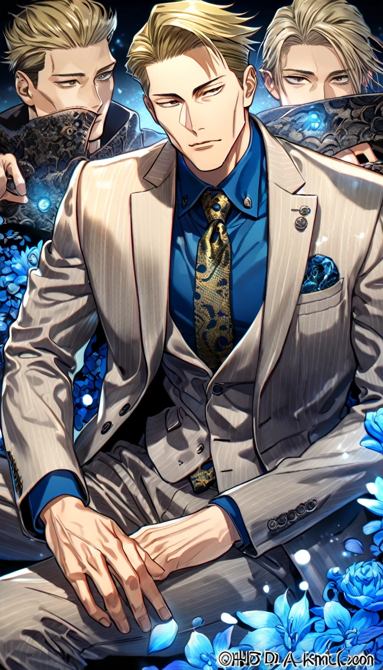Ultra detailed, highres, absurdres, HDR, master piece, Nanami Kento, blond hair, expressive brown eyes, Jujutsu Kaisen, blue petals, blue shirt, sexy man, solo, best quality, blue flowers, blue shining fireflies, fantasy, magical, handsome, blue moon, gray jacket, necktie with black patterns, grey pants, sitting