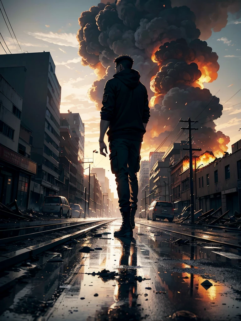 a young boy in a post-apocalyptic world, on top of a building, looking at the destroyed streets around him, the sky is dark and full of lightning, HE DOES NOT USE FIREARMS AND N~]AO HAS TATTOOS, HE IS A BOY WHO IS HELPING HIS SISTER AND GRANDFATHER GET THROUGH A HORRIBLE LIGHTNING STORM. --auto --s2