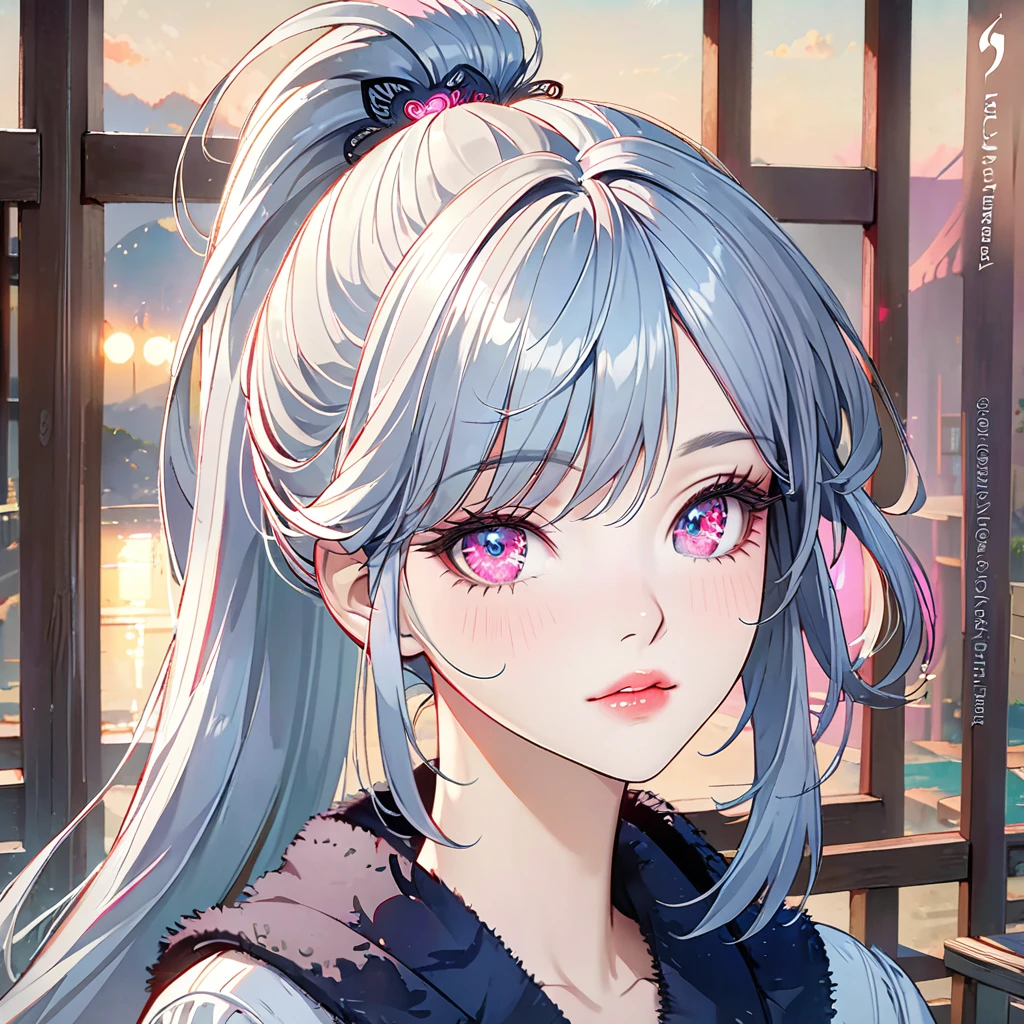 a beautiful girl with long ponytail blue and silver hair with black streak crossing one eye, pink glowing eye with love pattern, intricate detailed face, beautiful detailed eyes, beautiful detailed lips, extremely detailed face and features, longeyelashes, portrait, concept art, digital painting, 8k, best quality, masterpiece, photorealistic, ultra-detailed, sharp focus, vivid colors, cinematic lighting