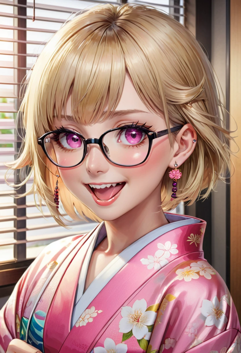 solo, looking at viewer, smile, short hair, open mouth, bangs, blonde hair, 1boy, jewelry, upper body, male focus, earrings, japanese clothes, glasses, teeth, tongue, indoors, tongue out, pink eyes, kimono, piercing, ear piercing, portrait, tongue piercing, blinds