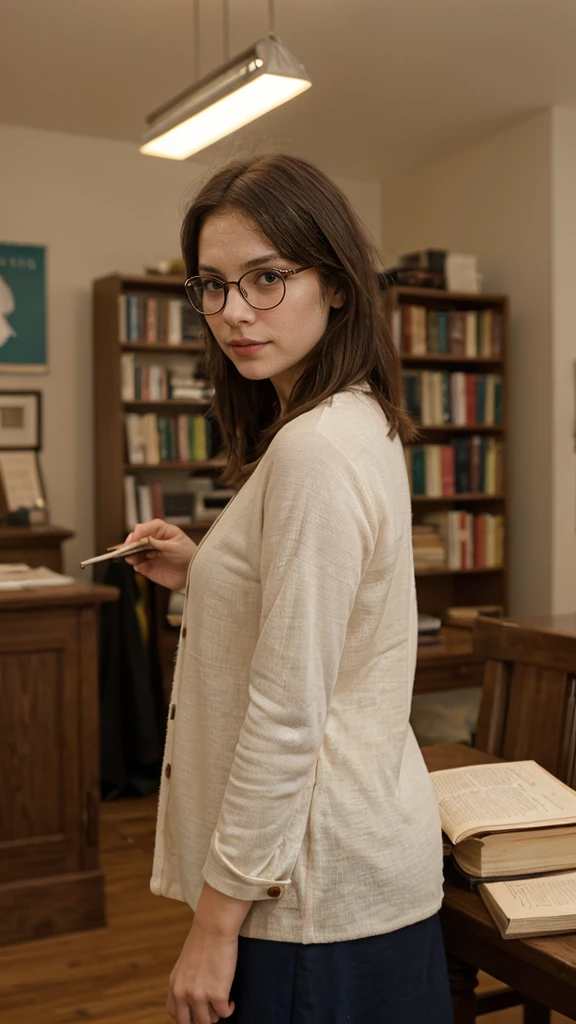 Girl with glasses and intellectual style
"Her thin-framed glasses and elegant but simple clothes identified her as an intellectual girl., always with a book in hand and an inquisitive mind."