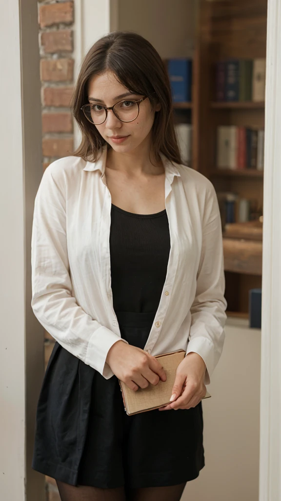 Girl with glasses and intellectual style
"Her thin-framed glasses and elegant but simple clothes identified her as an intellectual girl., always with a book in hand and an inquisitive mind."