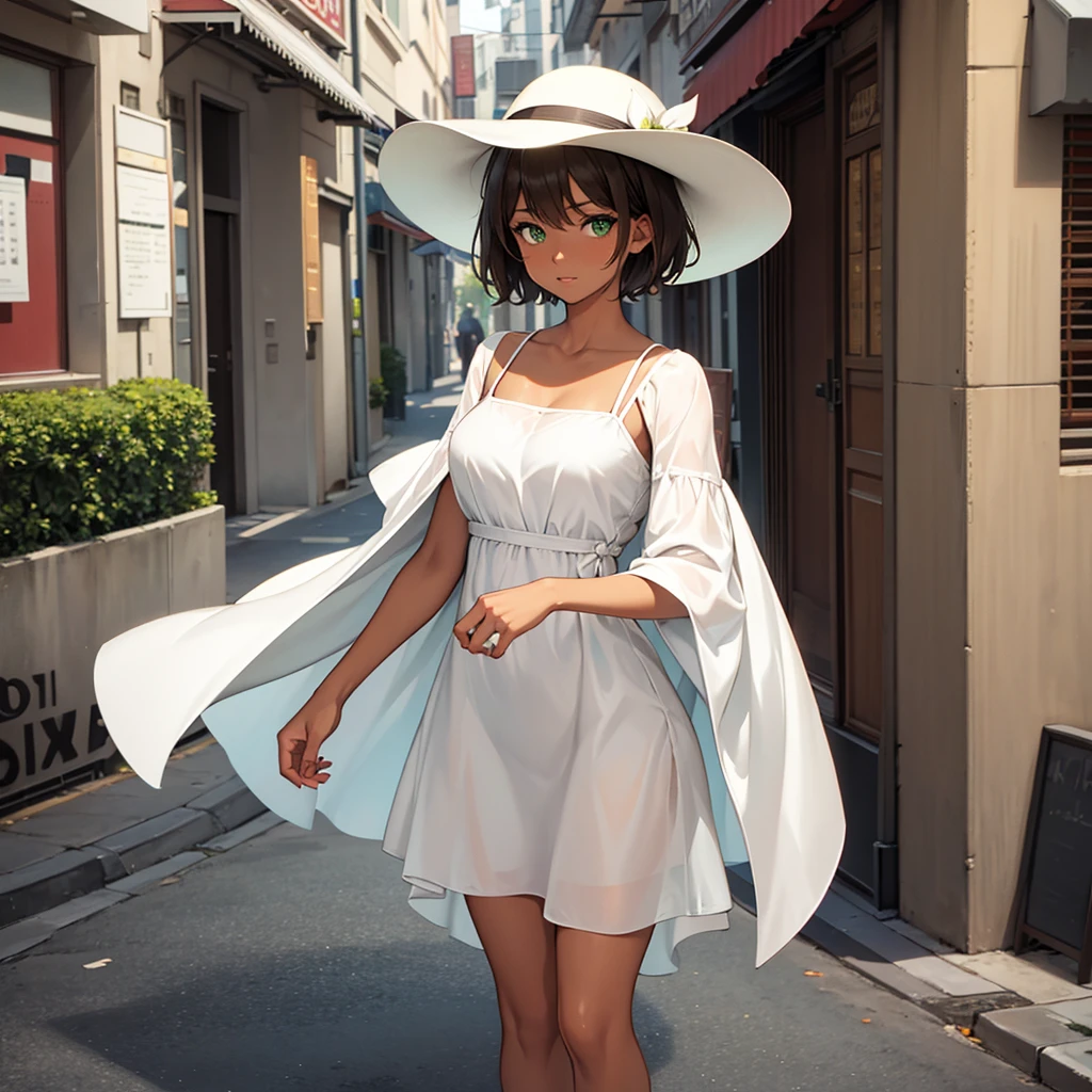 woman, short hair, brown hair, green eyes, brown skin, looking at viewer, street, white dress, elegant hat