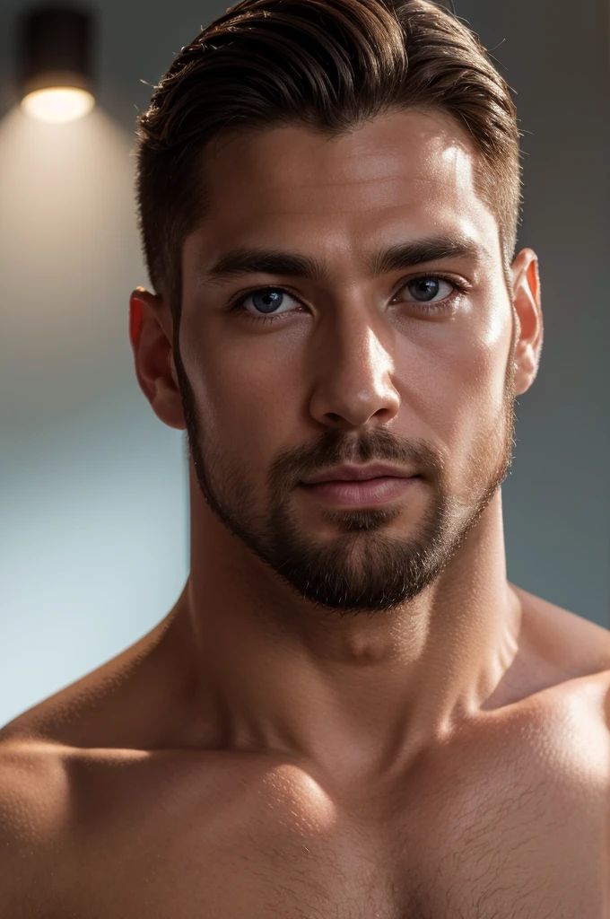 (8K、RAWE Photo、Highest quality、masterpiece:1.2)、(Real、Photorealistic:1.37)、Super detailed、Ultra-high resolution、1 male、Beautiful detailed face、(Feather Cut: 0.6)、Professional Lighting、The lighting is bright、Actor、model、Full body、Wide-angle shot、Daytime、bright , simple background ,Simple Background、Slender、beard、front、Face close-up、