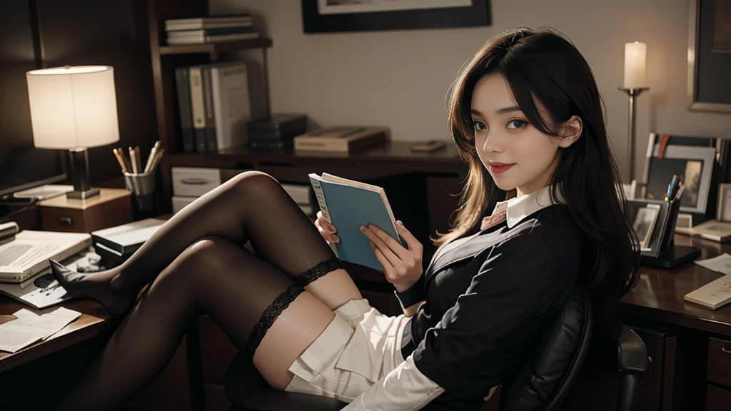 Best Picture Quality, Full Length Portrait, Cinematic Texture Shot, Exquisite Face, Beautiful Face, 20 year old Female, Smiling, Slim Figure, Small Breasts, Office Lady, Office Attire, Black Stockings, Indoor Scene, Office, Sitting, Reading