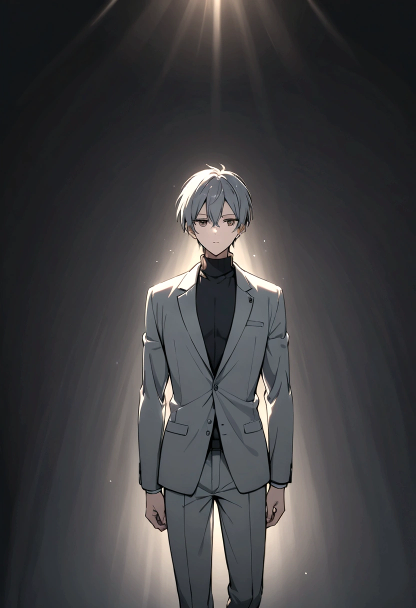 Grey jacket、suit、Black turtleneck