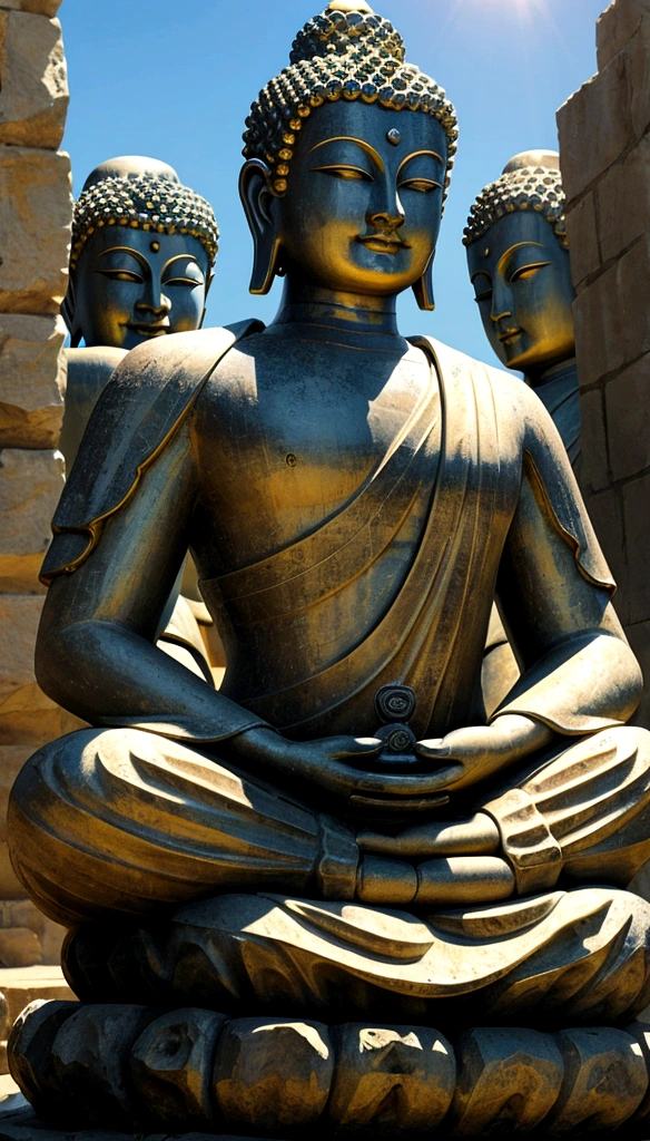 Buddha statues, Stone, texture, High target, majestic, Background lit by sunlight