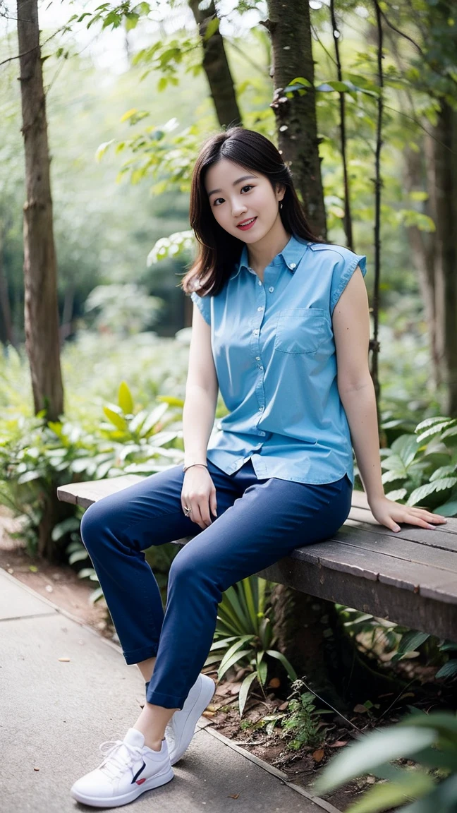 masterpiece, best quality, Surreal, Ultra Detailed, 8k resolution, RAW photos, Clear focus, (A girl in the forest), ((navy blue shirt:1.1)), sleeveless, Long sweatpants,Full body posture, Solitary, Perfect body, Become a, 32 inches in the chest,(a charming smile:1), (sexy pose)，26 years old, light,White shoes
