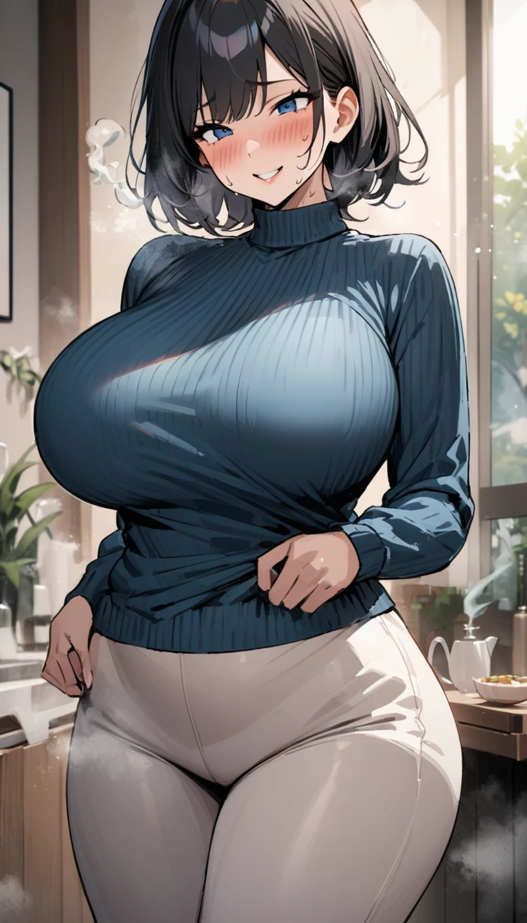 /(Modern house interior/), Only one woman, Mature Woman, /(blue ribbed Sweater/), bangs, A gentle, blushing smile, (Masterpiece Top quality:1.2) Delicate illustrations, Very detailed, Large Breasts、((Sweat,vapor,Vulgarity))、Tight sweater