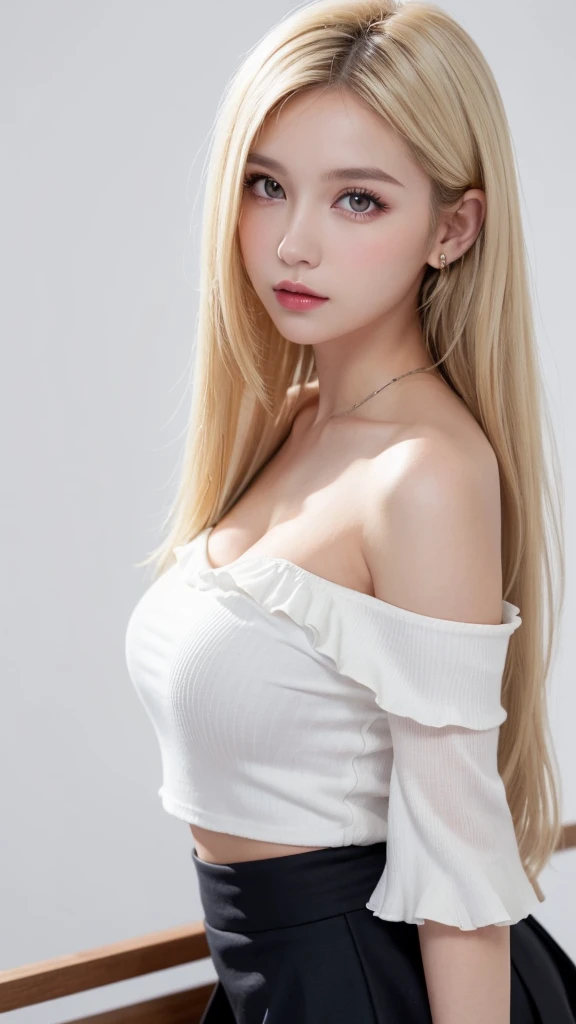 (((forehead、White Blonde Hair、Northern Europe、White people、beautiful girl、Blonde、White background、Tank top、Off-the-shoulder blouse、mini skirt、long hair、Perm)))、table top, highest quality, figure, super detailed, finely, High resolution, 8k wallpaper, Perfect dynamic composition, detailed and beautiful eyes, Deco out,bionde, medium hair, super big breasts, Natural color lip,white background, random cute poses,frill dress