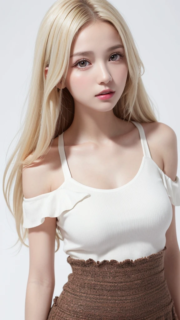 (((forehead、White Blonde Hair、Northern Europe、White people、beautiful girl、Blonde、White background、Tank top、Off-the-shoulder blouse、mini skirt、long hair、Perm)))、table top, highest quality, figure, super detailed, finely, High resolution, 8k wallpaper, Perfect dynamic composition, detailed and beautiful eyes, Deco out,bionde, medium hair, super big breasts, Natural color lip,white background, random cute poses,frill dress