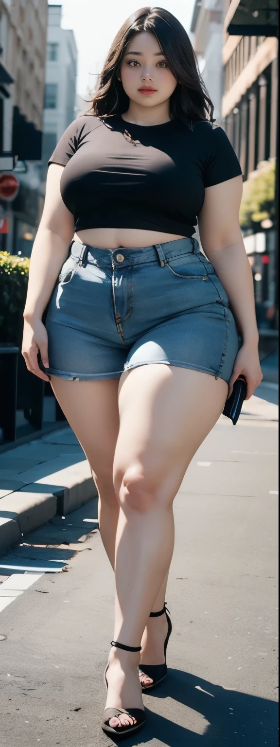 ((best quality)), ((masterpiece)), (detailed), perfect face, araffe woman in a dark-blue shirt and blue denim skirt walking down a street, thicc, she has a jiggly fat round belly, bbwchan, wearing tight simple clothes, skinny waist and thick hips, widest hips, her belly is fat and round, soft curvy shape, hyperrealistic full figure, wearing a cute top, wide hips
