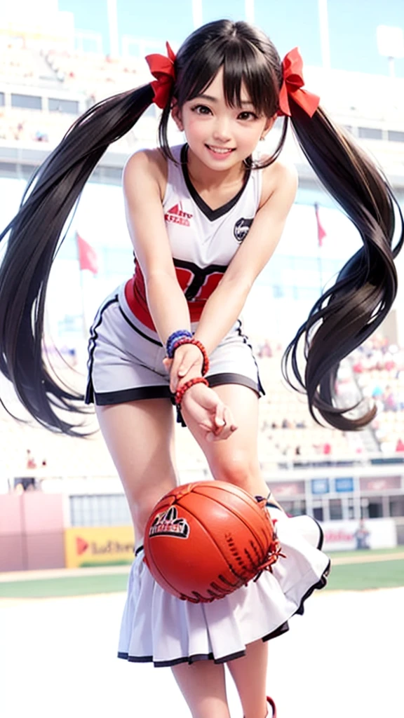 Black hair in twin tails, cheer leading, Big ribbon, Friendship Bracelets, Baseball field in the background, Facing the audience, A kind smile, Dynamic Movement